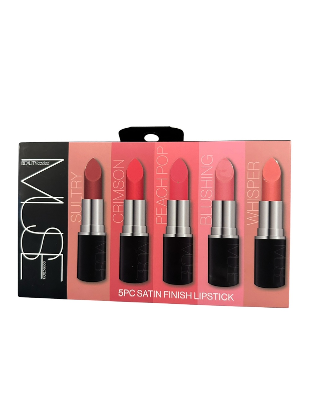 MUSE 5-Piece Satin Lipstick Set — Whisper, Blushing, Peach Pop, Crimson, Sultry